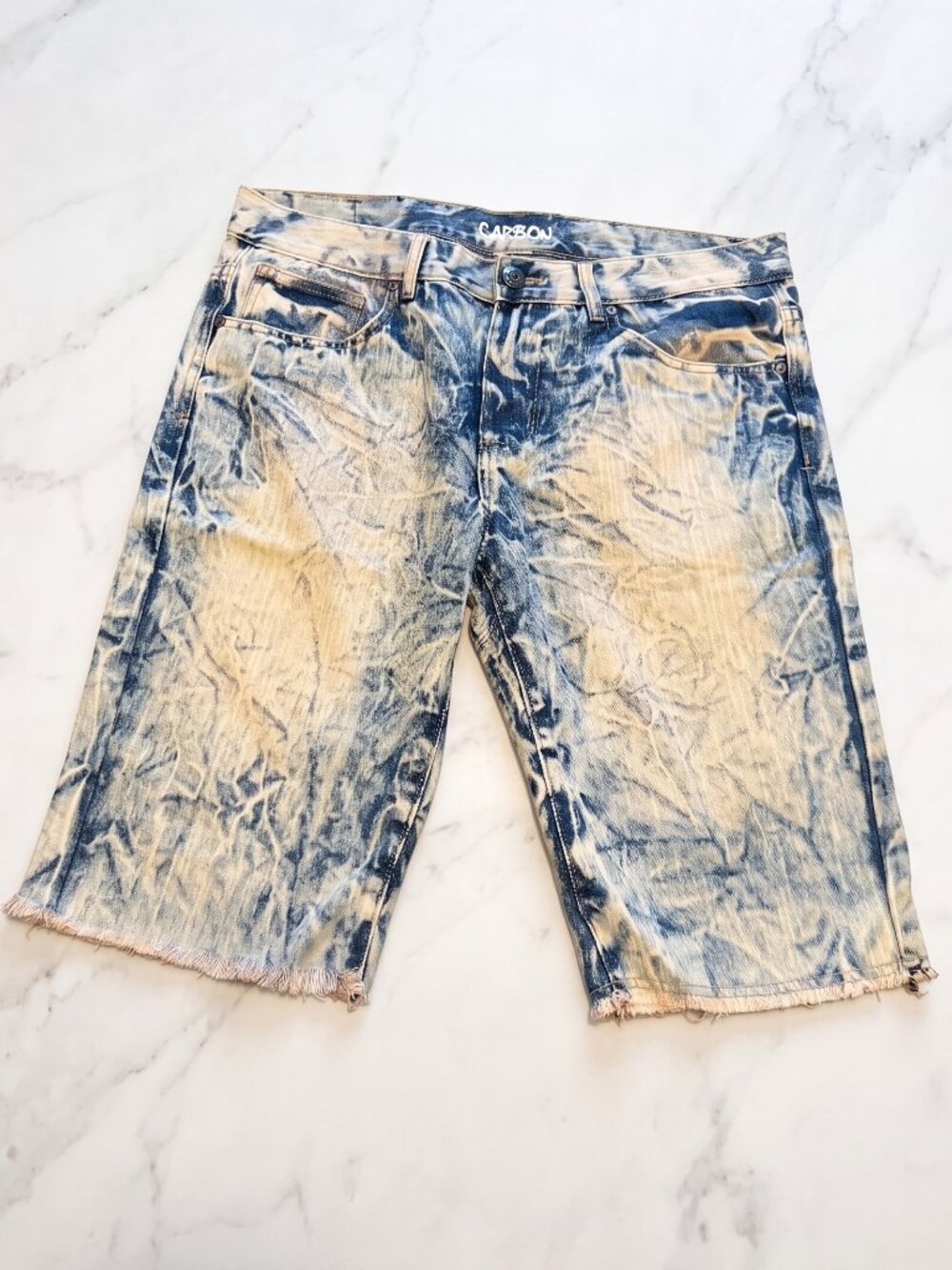 Carbon Mens Acid Wash Blue Denim Shorts Size 32 Raw Hem Cutoff Jorts